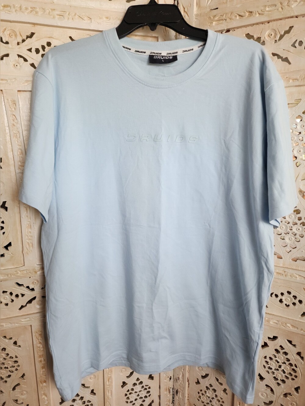 Druids Spaced Logo Golf Tee/Tshirt- Mens Size Large- Light Blue